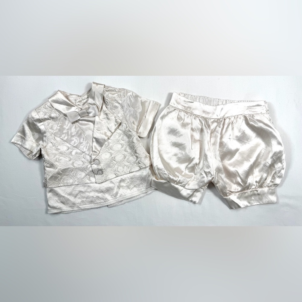 VINTAGE BABY‎ BOYS’ CHRISTENING White Satin Shirt, Shorts, Vest 3 Piece Set 6-9M